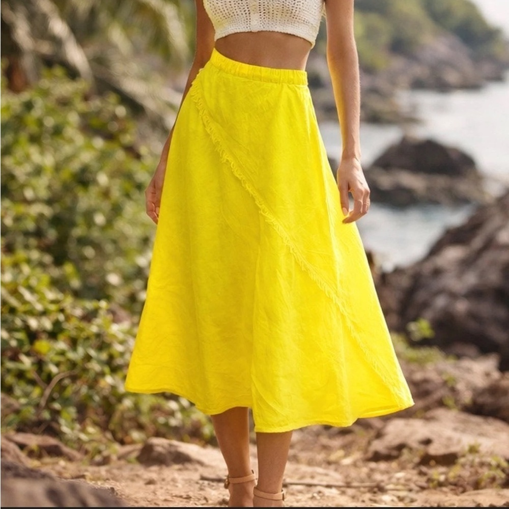 DKNY Linen Bright Yellow Flowy A Line Seamed Stretch Waistband Bohemian Skirt L